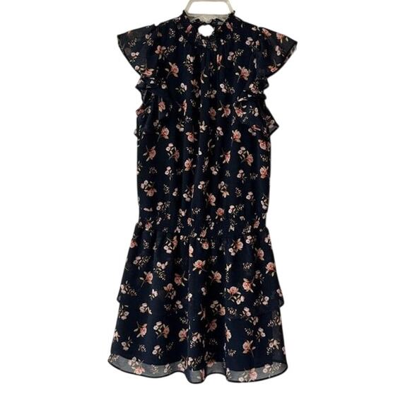 1.STATE Navy Floral Ruffle Mini Dress XS Smocked Waist Layered Hem - Picture 1 of 13